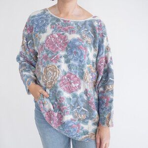 Vintage 90s Arielle Red Floral Tapestry Knit Sweater Grandmacore Cottagecore L